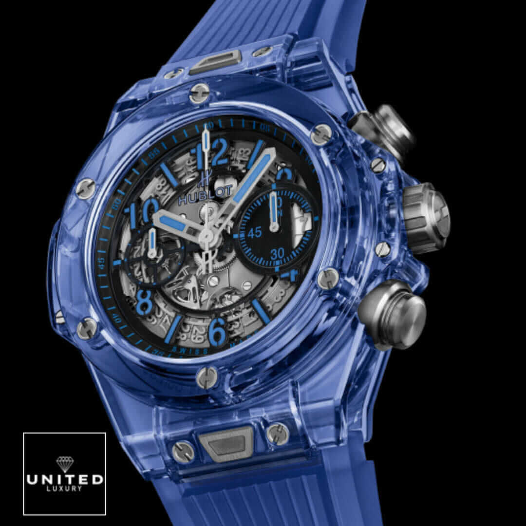Hublot Blue Sapphire Replica Yeni Proje Hublot Big Bang Blue Bezel Blue Rubber Bracelet Replica black background