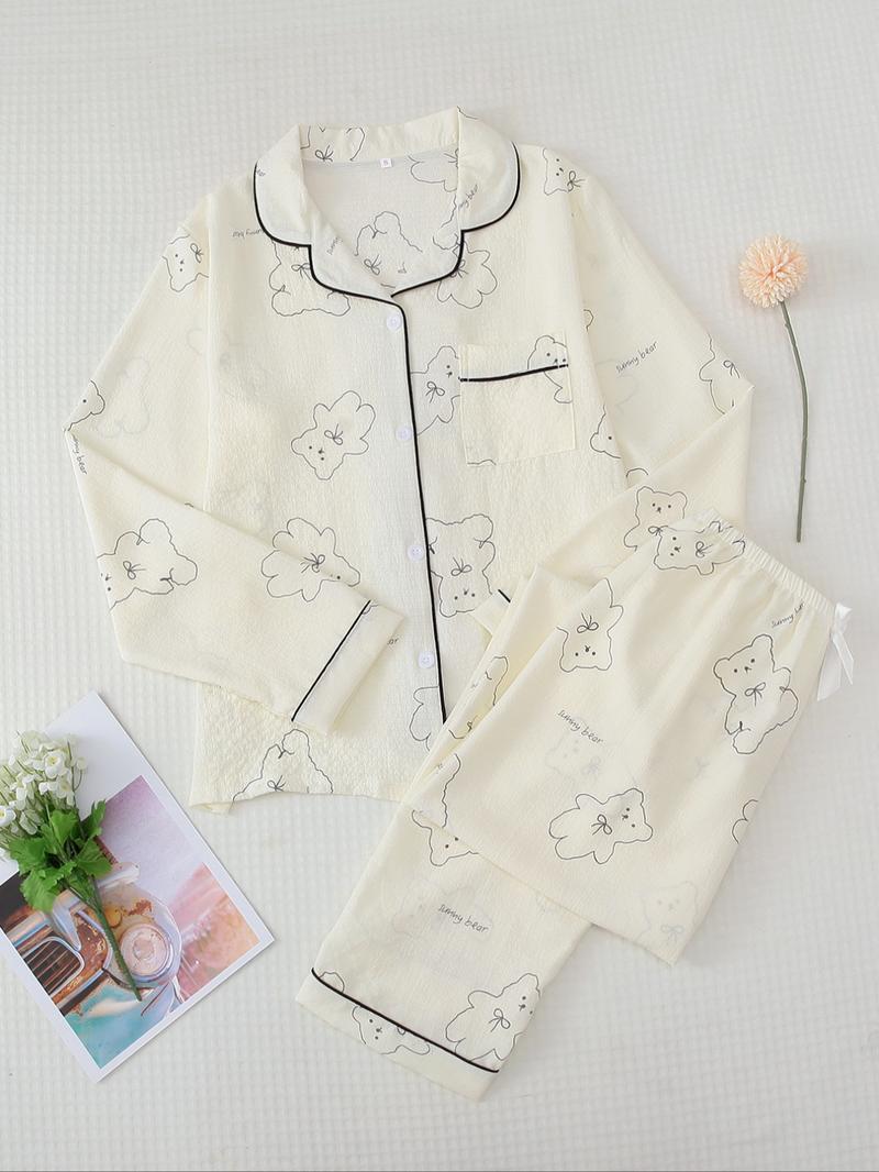 Women's Button Front Blouse & Bow Front Contrast Binding Pants Pyjama Set, Casual Long Sleeve Lapel Top & Trousers,�Summer Outfits 2024,�Sleepwear for Spring & Fall,�National Day Offers