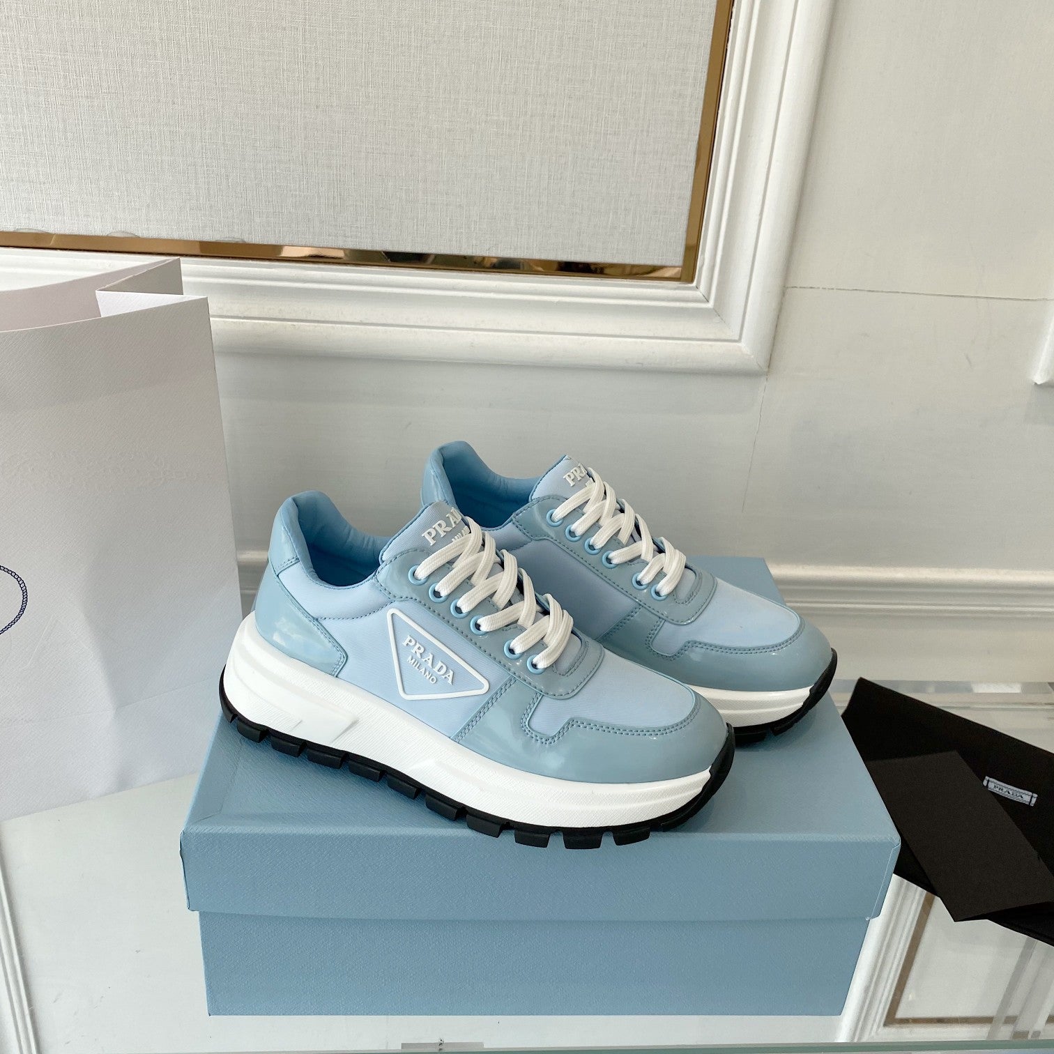 PRADA 25S THICK SOLE SNEAKER IN LIGHT BLUE CALFSKIN AND CANVAS、mysite、Cacoeks