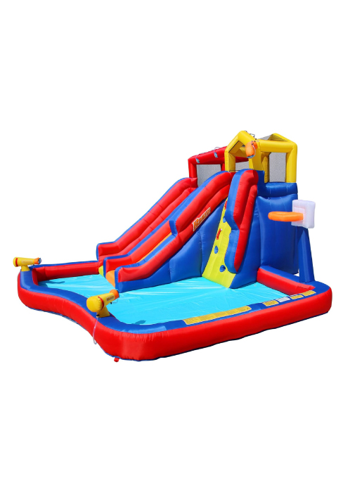 A kids’ water slide and climbing wall. Text reads: Twin Falls.