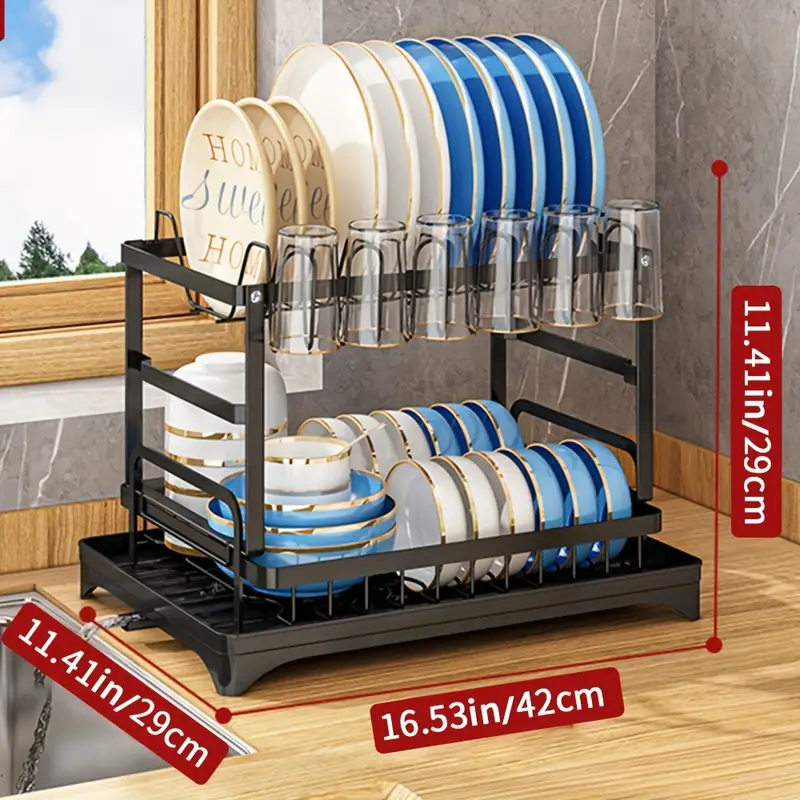 1pc dish drying rack for kitchen counter over the sink detachable larger capacity 2 tier dish drying rack drainboard set with double layer bowl rack cup rack drain board sticky board rack cutlery rack kitchen accessories black white details 3