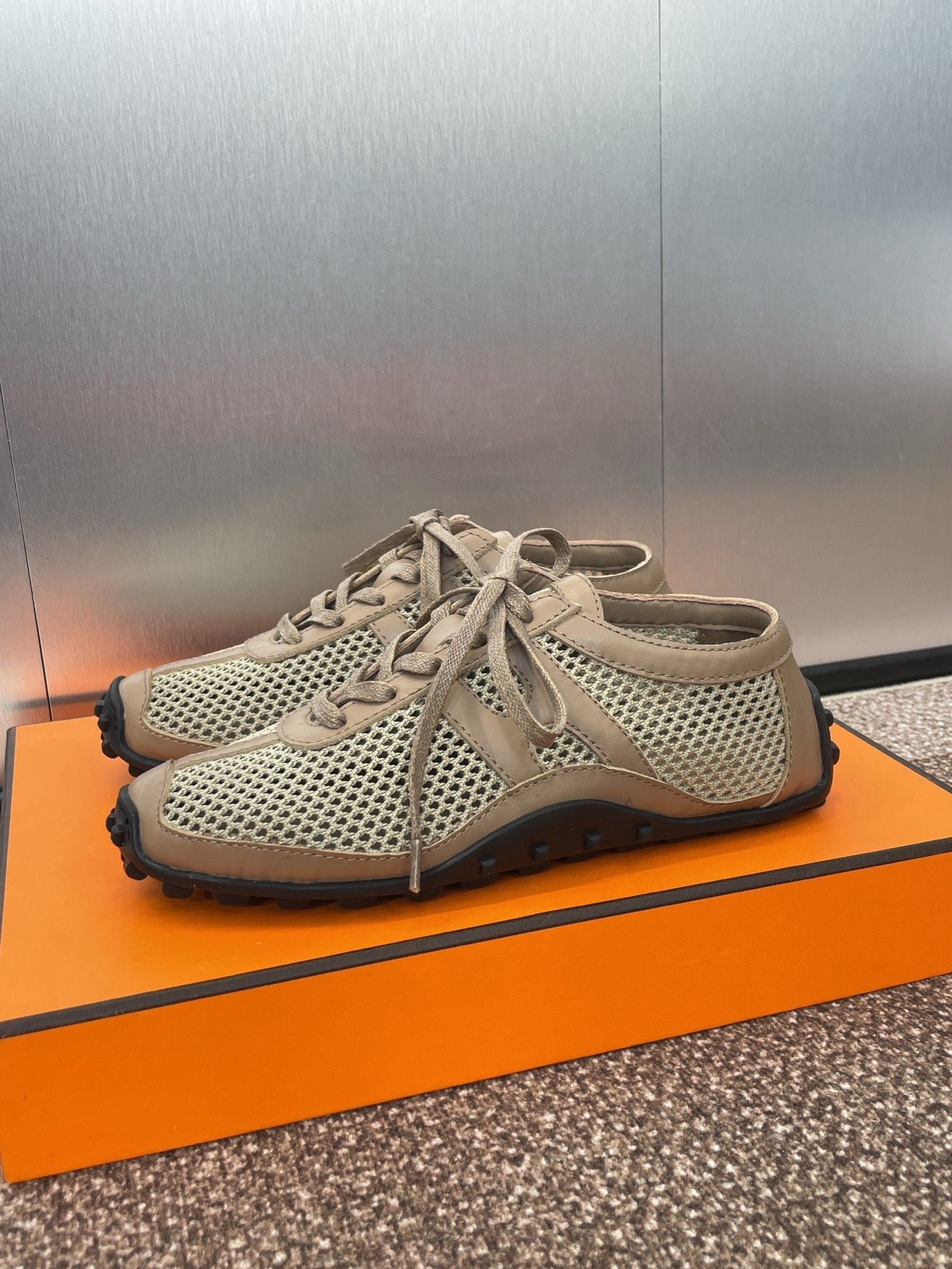 KIGA SNEAKER IN MOCHA BROWN CROCHET KNIT AND CALFSKIN、mysite、Cacoeks