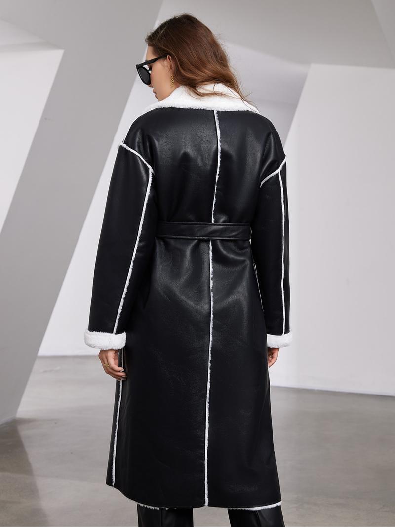 Women's Fall & Winter PU Leather Fur Coat, Thickened Fleece Lined Jacket, Waist Cinching Slimming Warm Outerwear