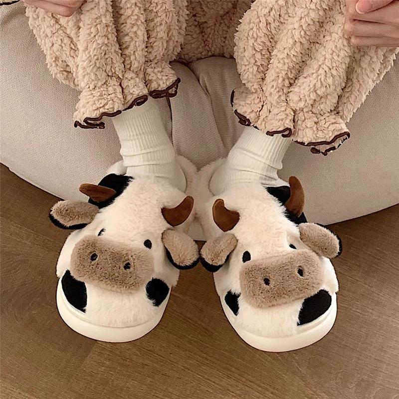 Cozy Cotton Cow Slippers for Women - Cute Animal Bedroom Shoes Winter Indoor Outdoor Slippers for Women