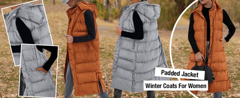 BTFBM Women's Long Puffer Vest with Quilted Hood and Button Down Closure for Winter Coat 2025 - Tops, Womenswear