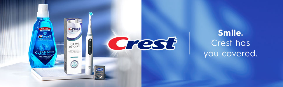 Crest mouthwash, Pro-Health Gum Detox toothpaste, iO toothbrush, Glide floss. Smile, Crest has you