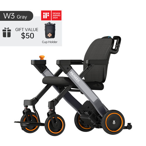 Lightweight PAISEEC W3 Gray electric wheelchair with cup holder, awarded iF Design Award 2024.