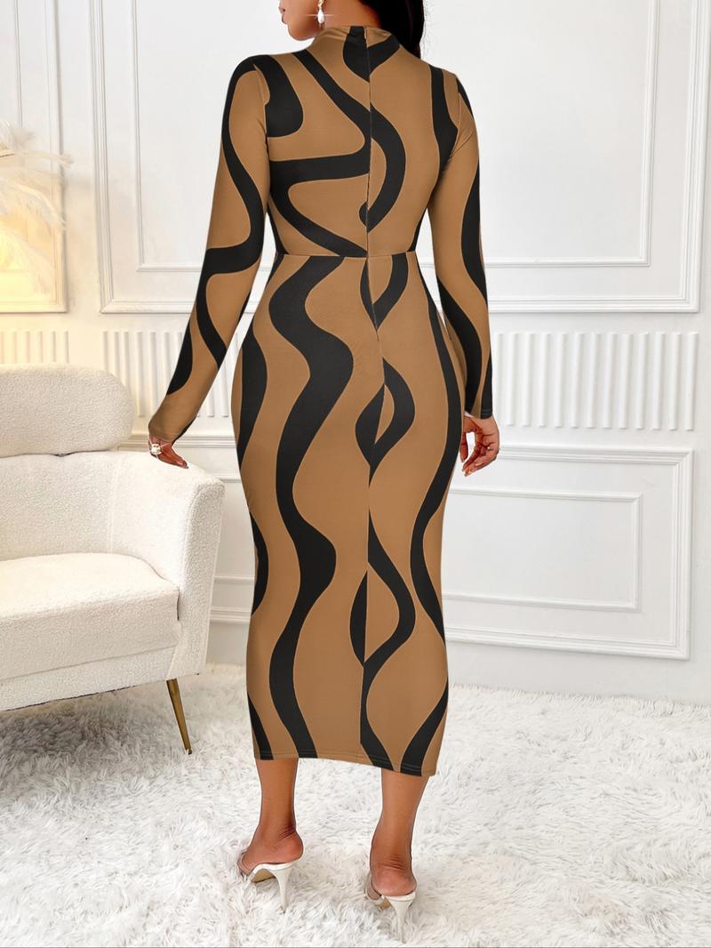 Aliling&nbsp;Women's Colorblock Print Cut Out Bodycon Dress, Elegant Fashion Casual Long Sleeve Dress for Daily Outdoor Wear, Women Dress for Spring Fall