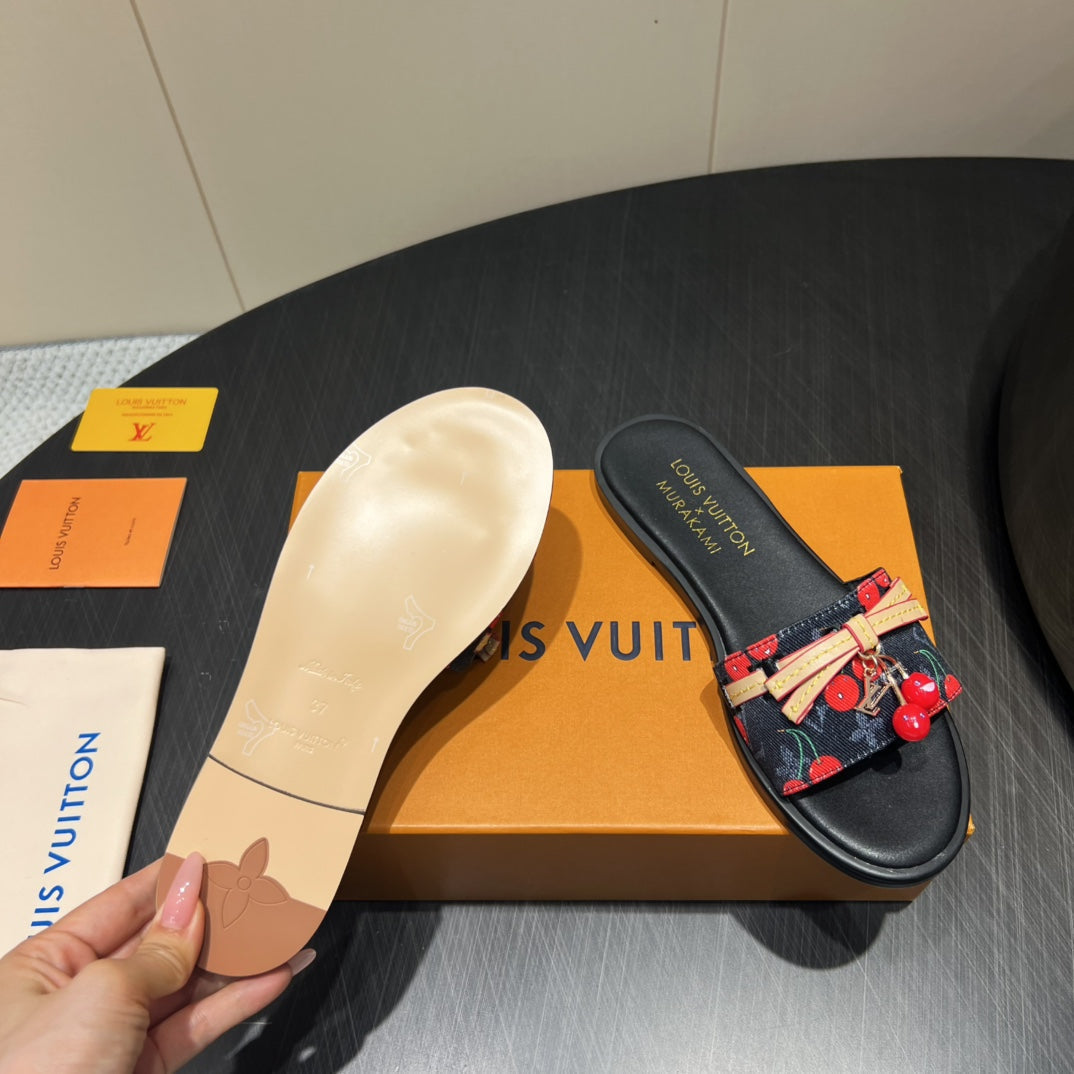 LV SLIDE SANDALS 25S IN BLACK DENIM AND CALFSKIN WITH CHERRY BLOSSOM BUCKLE、mysite、Cacoeks