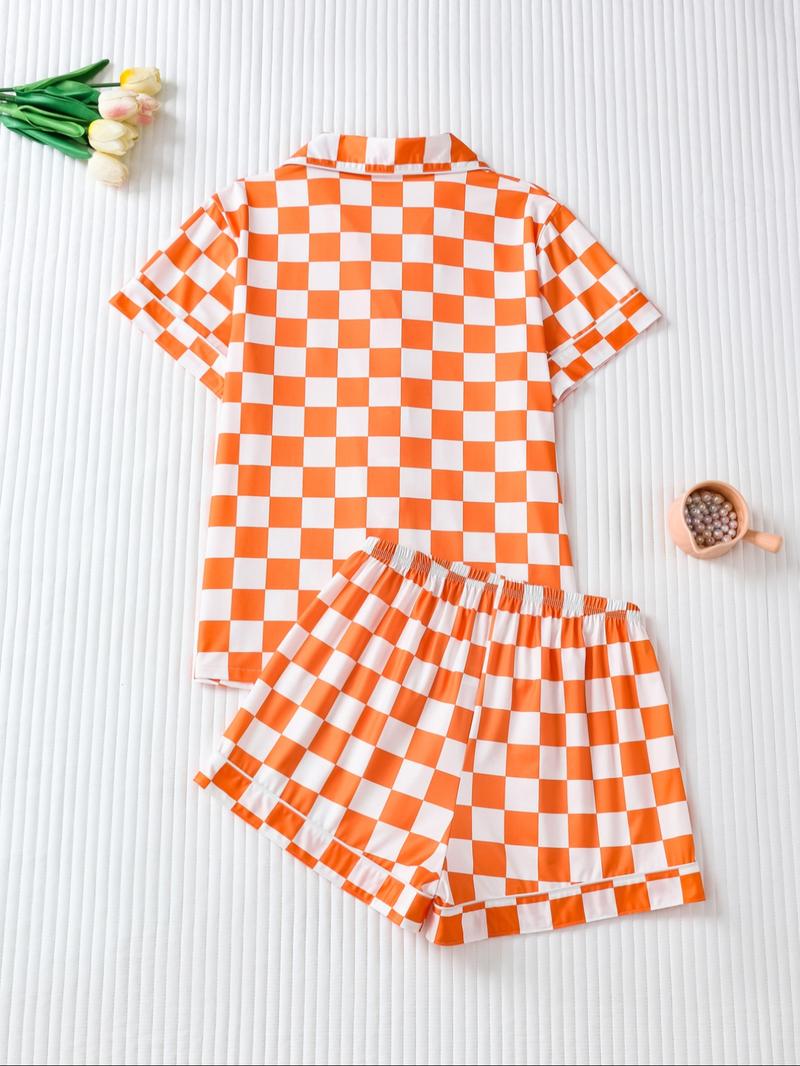 Women's Checkerboard Print Lapel Neck Pajama, Casual Comfy Short Sleeve Button Front Chest Pocket Design Top & Elastic Waist Shorts PJ Set, Ladies Summer Sleepwear