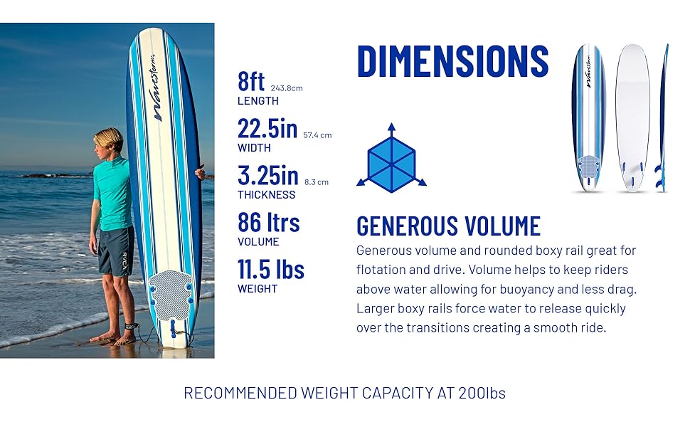 Wavestorm 8ft Classic Soft Top Foam Surfboard Leash Fins Teens Adult boy girl fun ocean blue Pinline