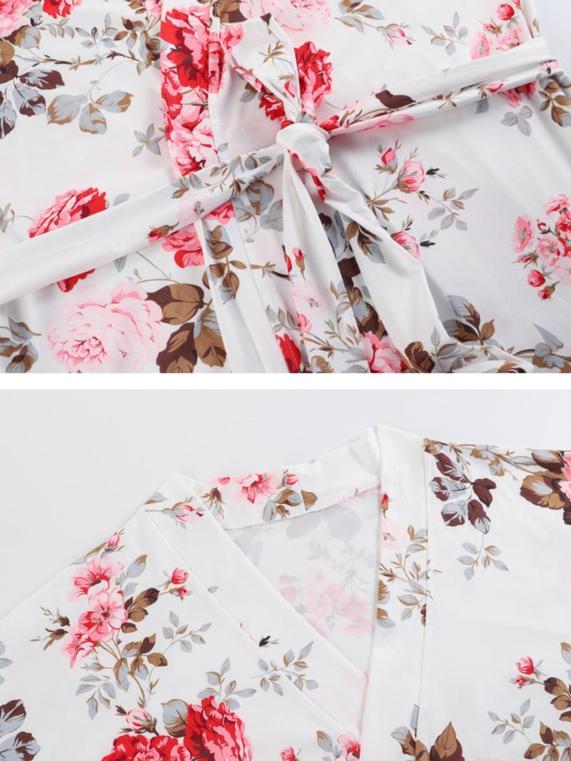 [Plus Size] Three-Piece Set Floral Print Belted Lounge Robe & Cami Top & Elastic Waist Pants Pyjama Set, Elegant Comfy Drop Shoulder Long Sleeve Robe & Sleeveless Top & Bow Decor Trousers PJ Set, Women's Sleepwear for Spring & Fall