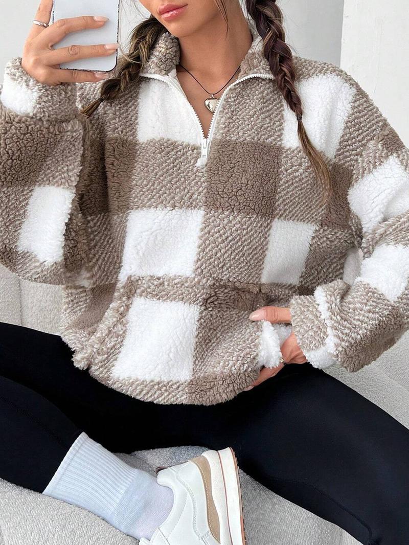 Women's Plaid Print Half Zip Drop Shoulder&nbsp;Fleece&nbsp;Sweatshirt, Casual Long Sleeve Stand Collar Pullover for Spring & Fall, Ladies Clothes for Daily Wear