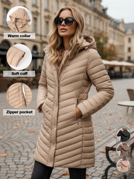 Women's Fall Winter Long Hooded Cotton Jacket, Windproof Waterproof Coat, Lightweight Down Vest, Casual Daily Wear, Warm Comfortable