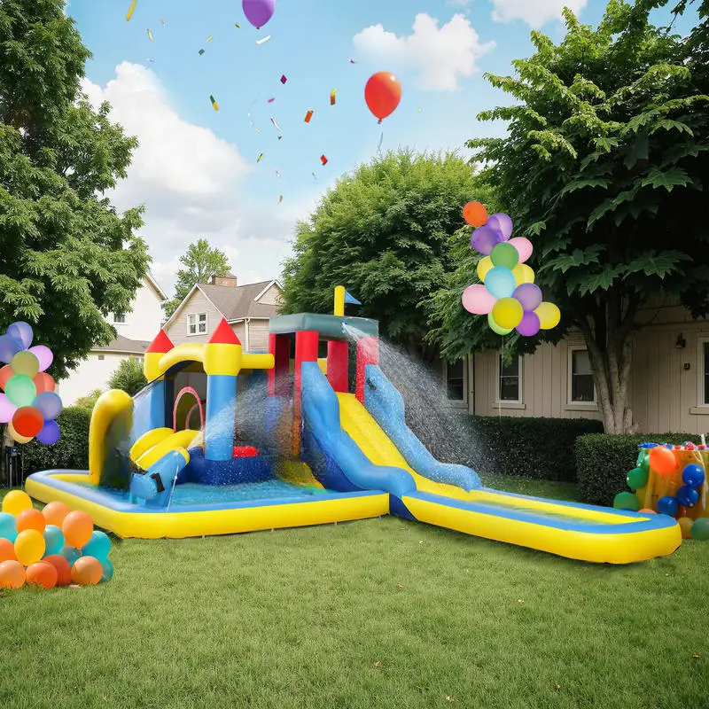 giant house with water slide wet and dry use basketball hoop climbing wall castle with ball pit for indoor outdoor details 0