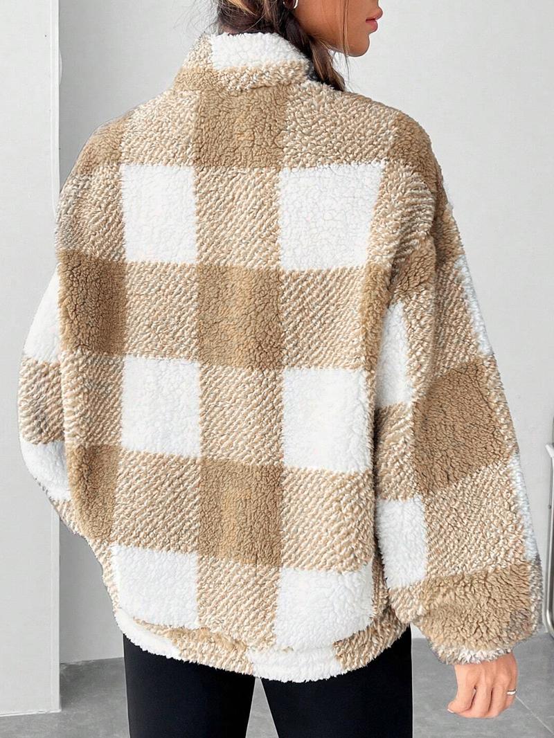 Women's Plaid Print Half Zip Drop Shoulder&nbsp;Fleece&nbsp;Sweatshirt, Casual Long Sleeve Stand Collar Pullover for Spring & Fall, Ladies Clothes for Daily Wear