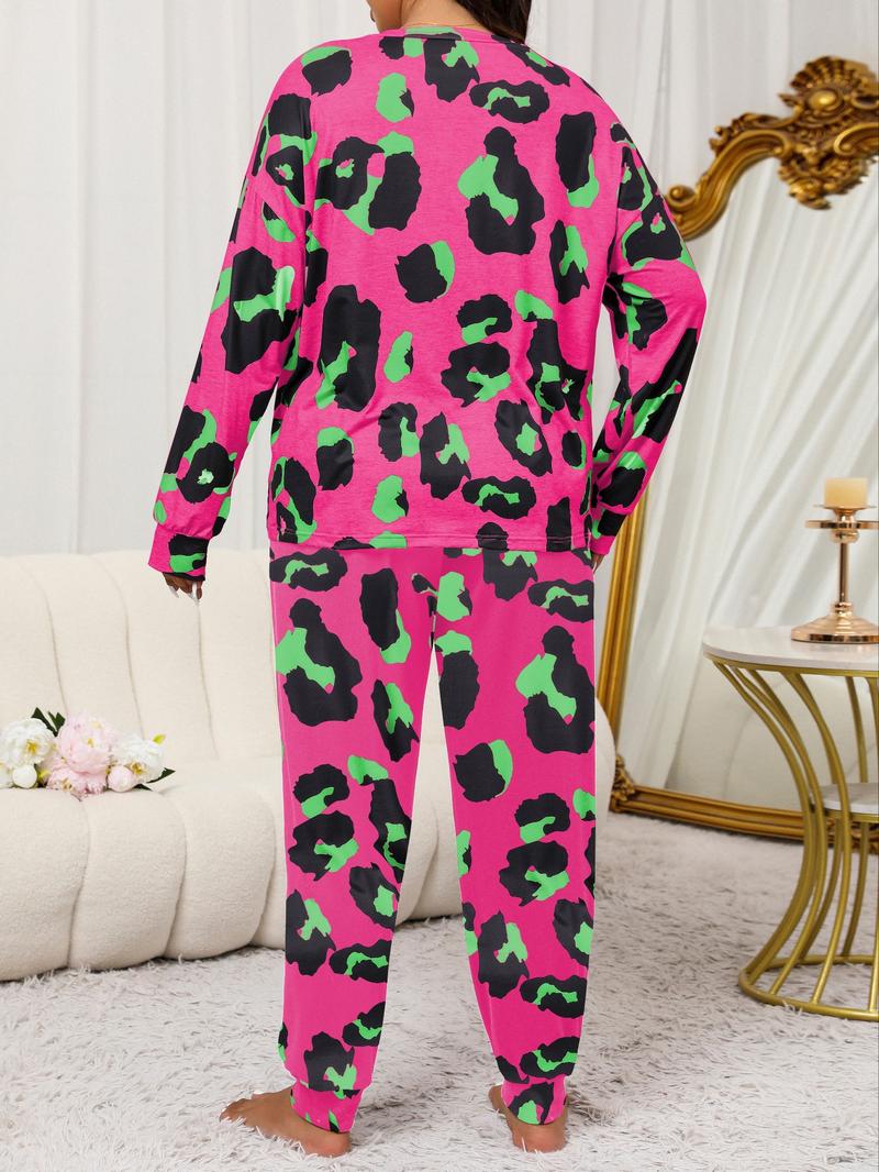 Two-Piece Plus Size Leopard Print Pajama Set Casual Drop Shoulder T-Shirt and Solid Color Long Pants Set for Women Spring and Autumn Pajamas Women's Pajamas