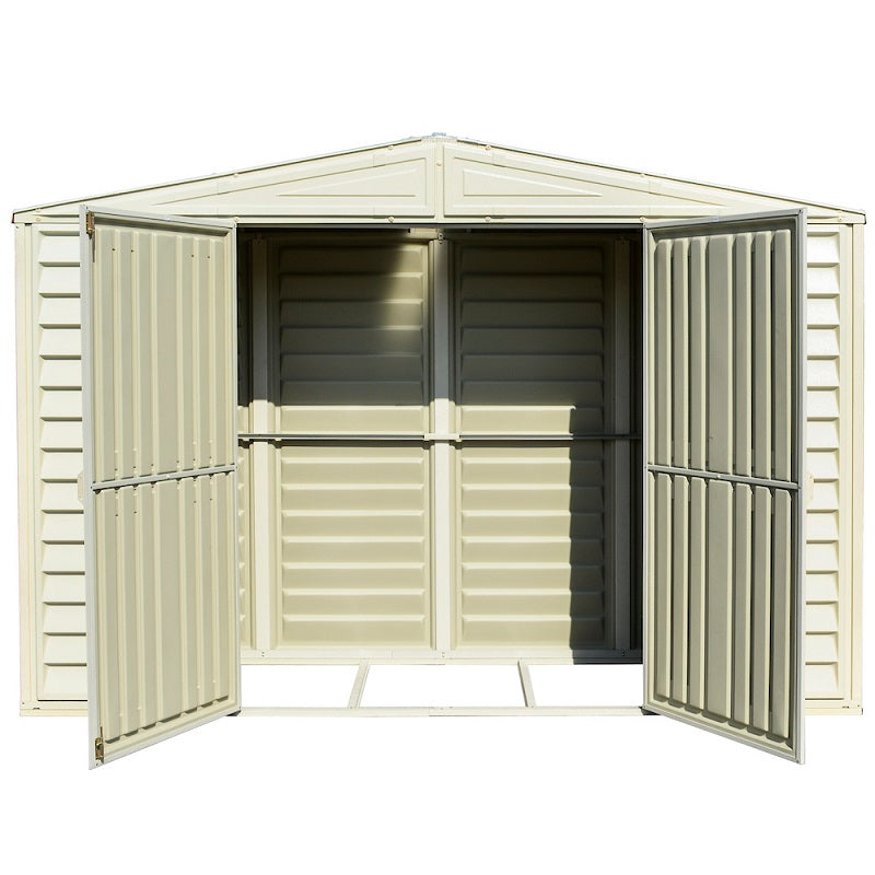 Open door view of the empty interior of Duramax Woodbridge 5 shed, 10.5