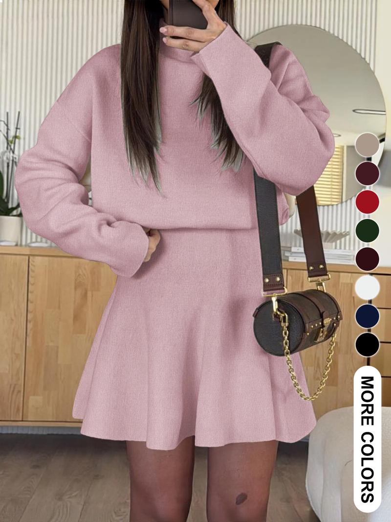 Women's Casual Half-High Neck Long Sleeve Knit Dress, Plain Color Loose-Fitting Sweater Dress, Fall & Winter Fashion