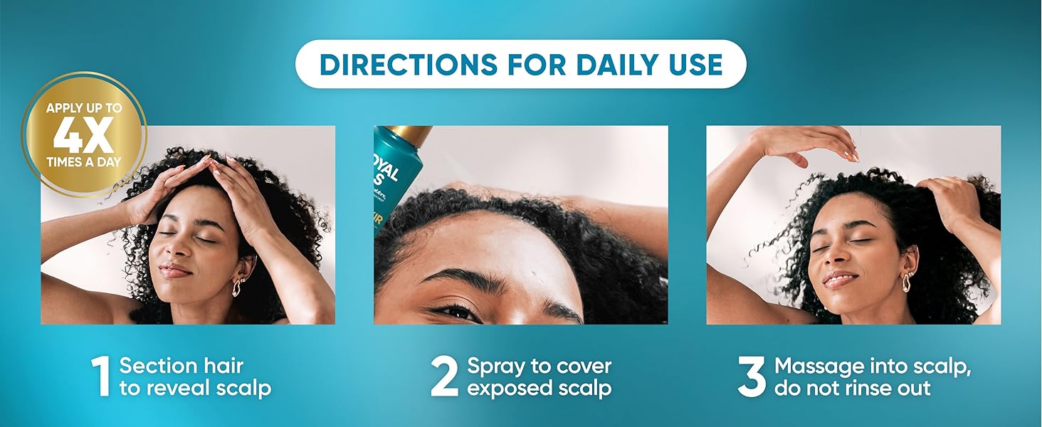 Section hair to reveal scalp, spray to cover exposed scalp, massage into scalp, do not rinse out