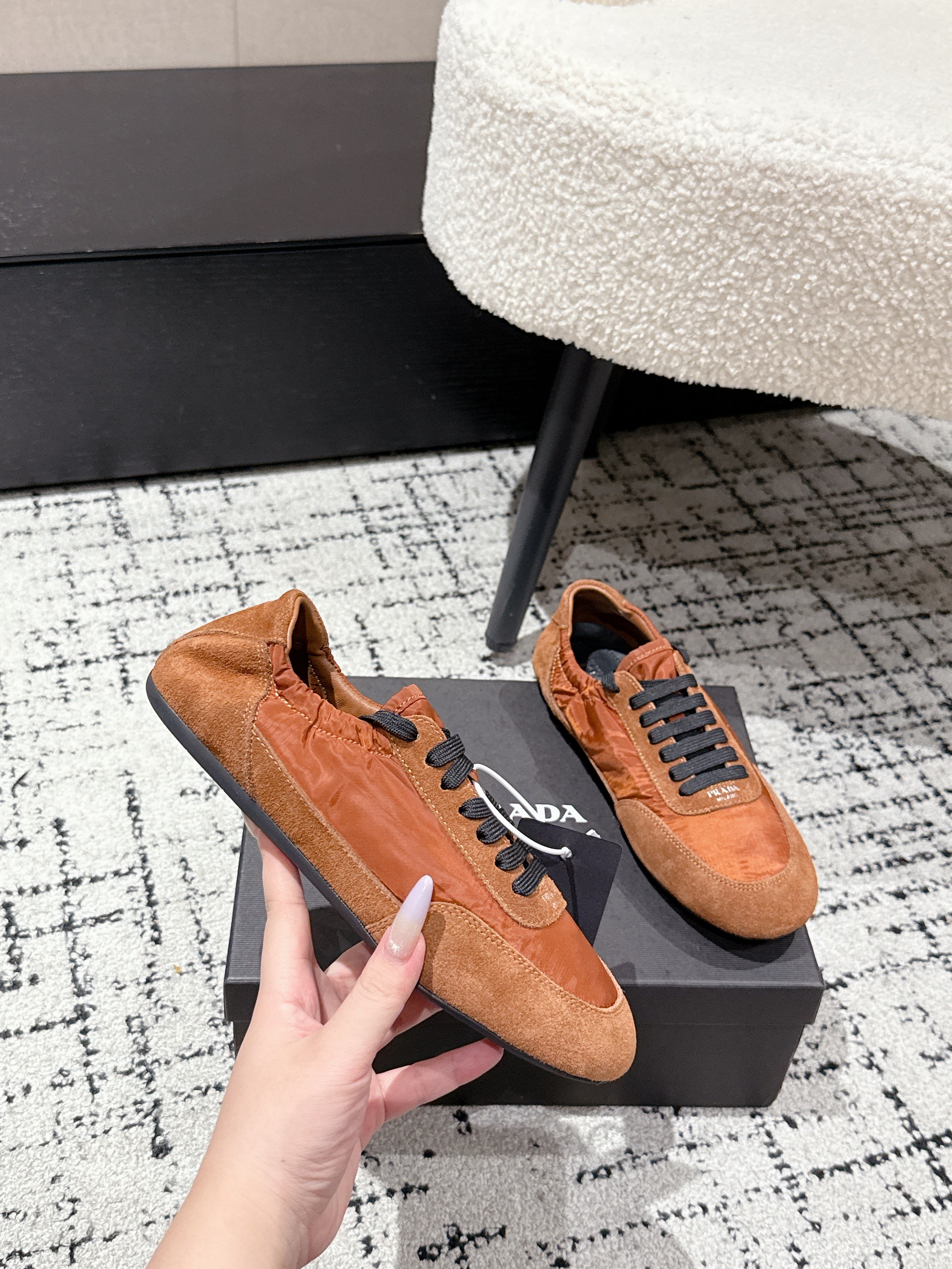 PRADA 25S COLLAPSE SNEAKERS IN BURNT ORANGE RE NYLON AND SUEDE、mysite、Cacoeks