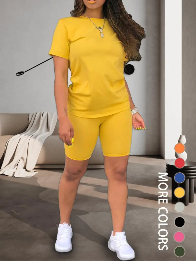 Product Introduction of Two-piece Set Women's Plain Shorts Set, Comfort Round Neck Shortsleeve Tee & Skinny Shorts, Summer Clothes Women, Back To School Outfits, Workout Set, Fitted Casual Summer Clothes for Outdoor, Tomboy Femme Outfits, Workout Sets Women, Womenswear 3