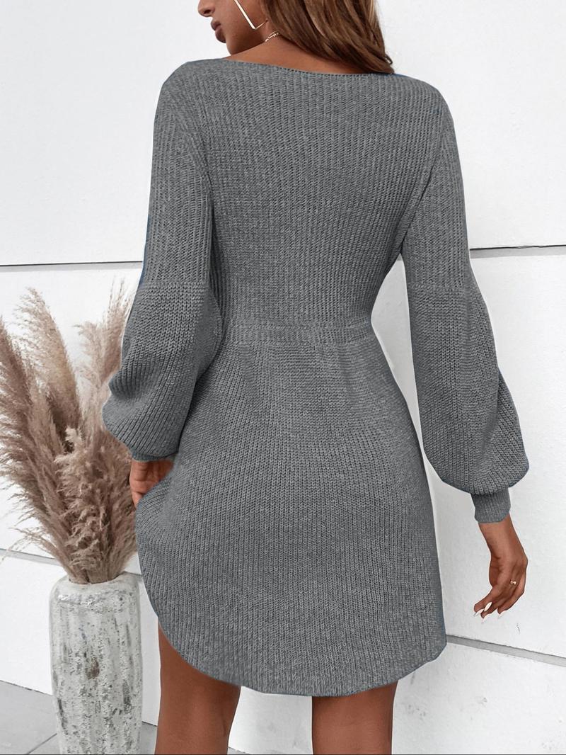 Women's Plain Lantern Sleeve Sweater Dress, Casual Long Sleeve Round Neck A Line Dress for Fall & Winter, Women's Knitwear for Daily Wear
