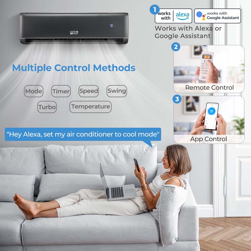 Eletriclife 22000 BTU 21 SEER2 208-230V Wifi Enabled Mini Split Air Conditioner and Heater Gray