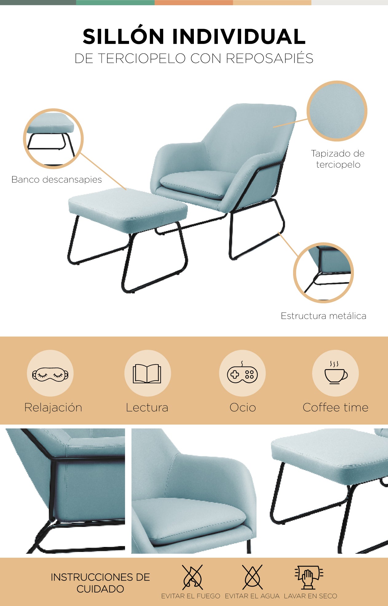 Sillón Individual con Taburete Reposapiés Terciopelo Azul