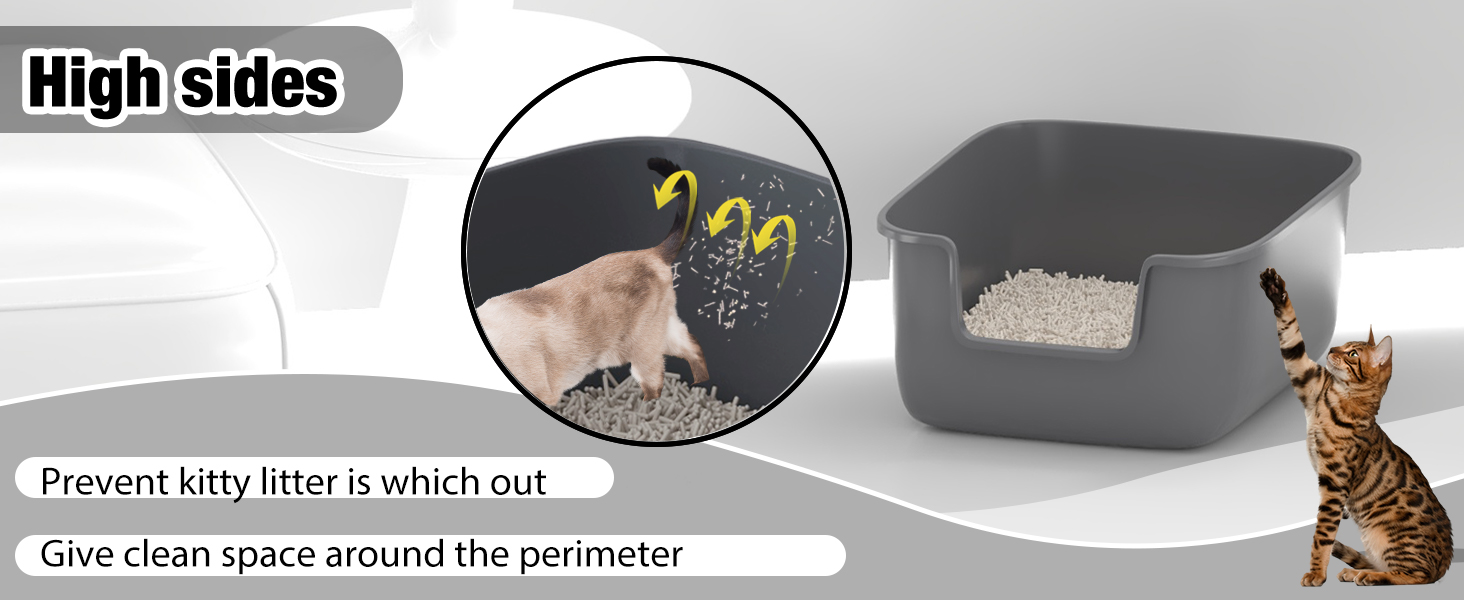Gray high-sided cat litter box with entrance cutout. Features prevent litter scatter and provide clean perimeter space. Inset image shows cat using box.