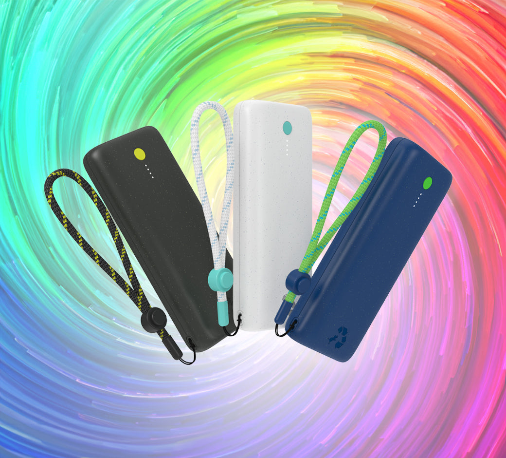 Colorful power banks with lanyards on a vibrant swirl background.