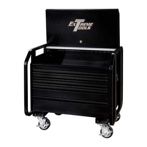 Black Extreme Tools TX Series Road Box With A High Back Panel Featuring The Extreme Tools Logo Multiple Drawers And Equipped With Caster Wheels For Mobility