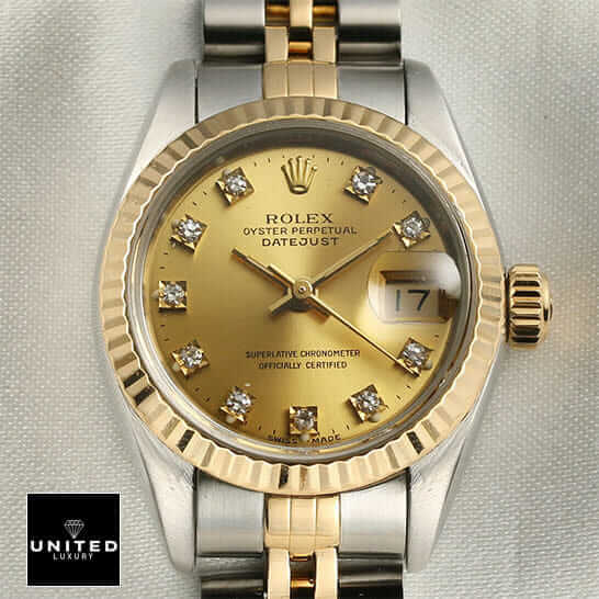Rolex Datejust Yellow Gold Steel Diamond Dial Ladies 69173 Jubilee Replica 5 Rolex Datejust Diamond Gold Dial Replica close view