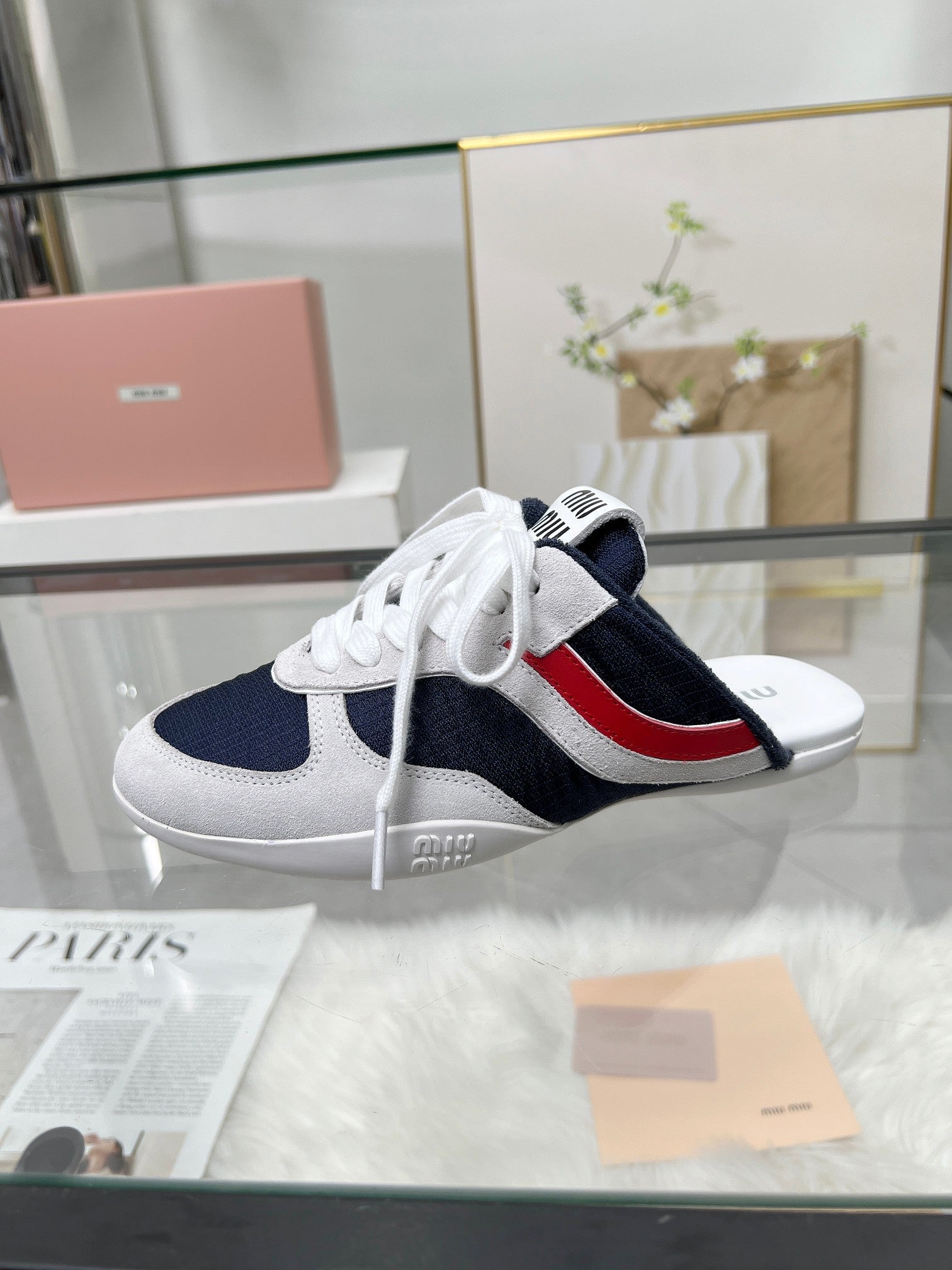 GYMNASIUM SNEAKERS MULES IN OFF WHITE SUEDE AND NAVY BLUE TECHNICAL FABRIC、mysite、Cacoeks
