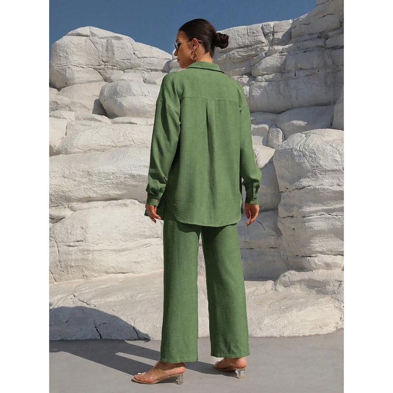 Women's Solid Button Front Shirt & Tie Front Wide Leg Pants Two-piece Set, Casual Drop Shoulder Long Sleeve Blouse Top & Trousers 2 Piece Set for Spring & Fall, Women's Clothes for Daily Wear Womenswear Suits Apricot Basic Minimalist