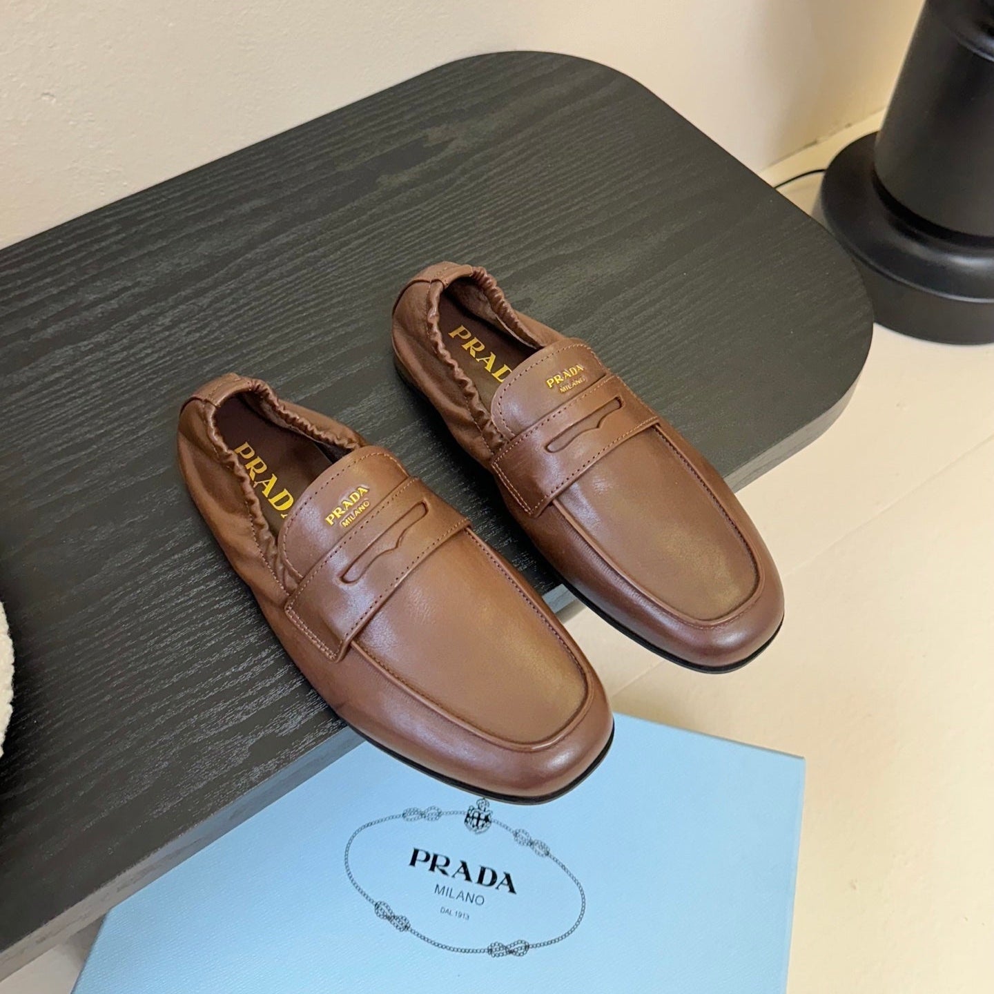 PRADA 25S SHUFFLE LOAFERS IN EARTH BROWN CALFSKIN、mysite、Cacoeks
