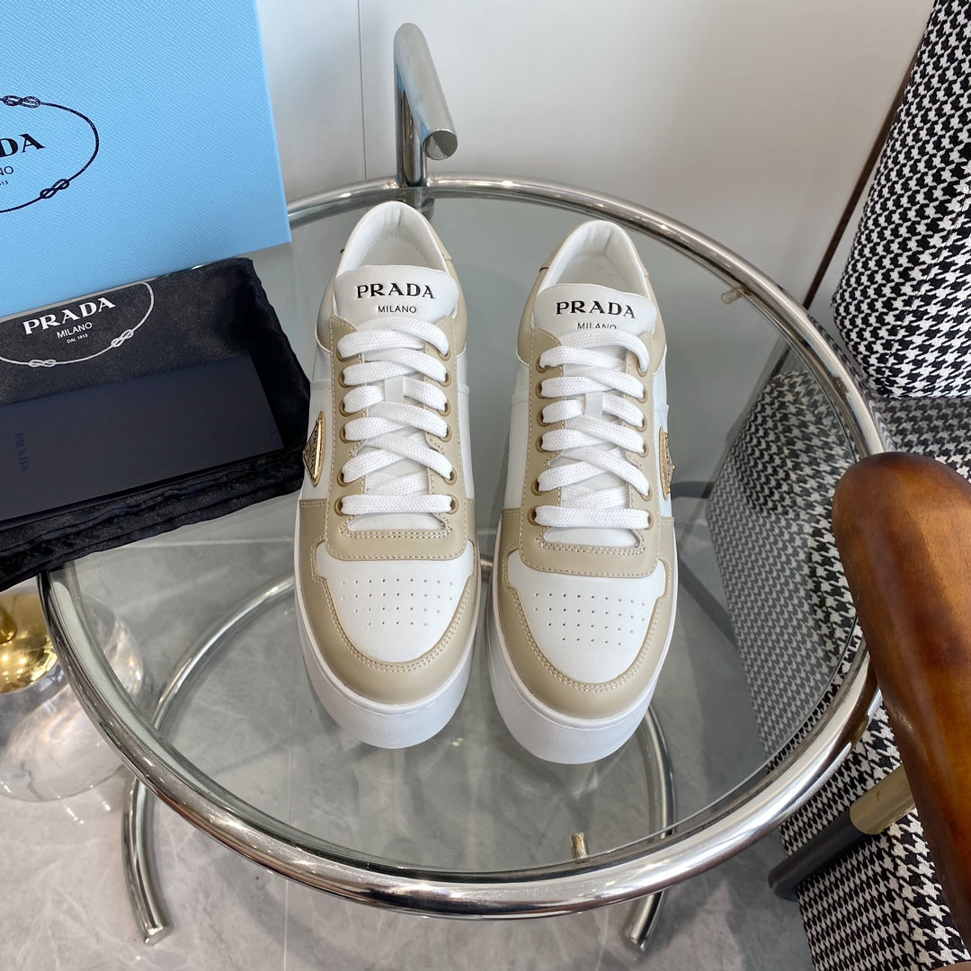 PRA DOWNTOWN THICK-SOLE SNEAKERS WHITE AND BEIGE CALFSKIN、mysite、Cacoeks