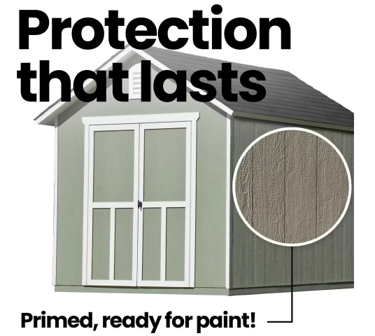 Handy Home Meridian shed pre-primed and ready for painting, providing lasting protection and customization.
