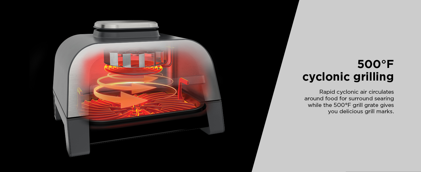 500°F cyclonic grilling Rapid cyclonic air circulates around food for surround searing 