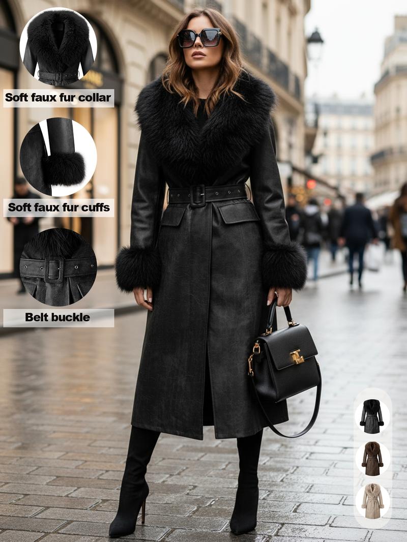 Women's Fall Winter Long Windproof Waterproof Jacket Coat, Comfortable Faux Fur Collar, Thick PU Leather, Slim Fit with Belted Design Outerwear