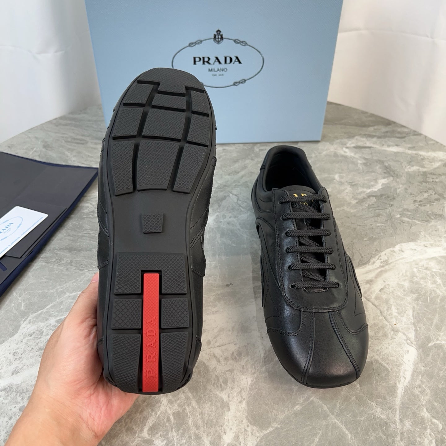 PRADA 25S MONTECARLO ANTIQUED SNEAKERS IN BLACK NAPPA LEATHER、mysite、Cacoeks