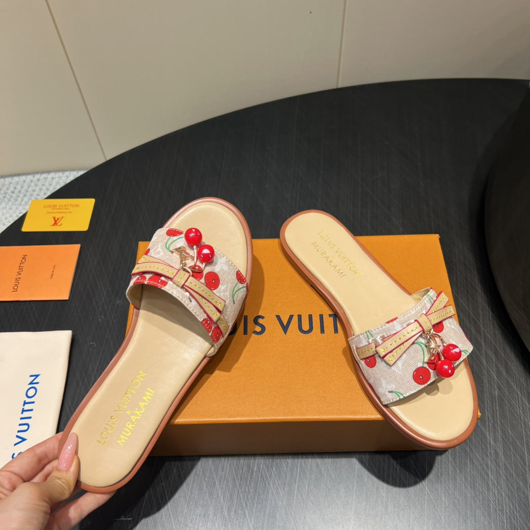 LV SLIDE SANDALS 25S IN BEIGE DENIM AND CALFSKIN WITH CHERRY BLOSSOM BUCKLE、mysite、Cacoeks