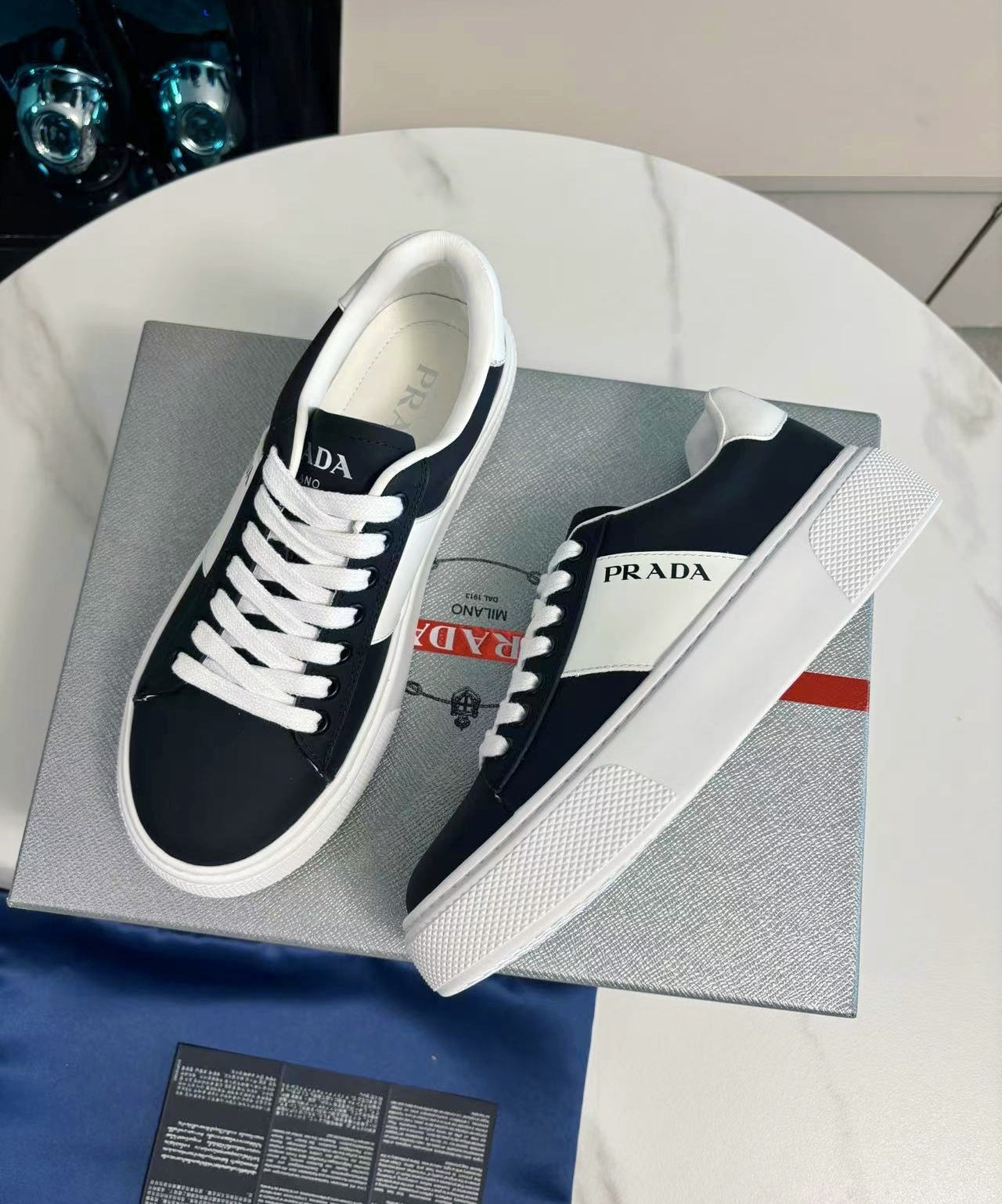 PRADA 25S LEATHER LOGO OUTLET SNEAKERS BLUISH BLACK CALFSKIN、mysite、Cacoeks