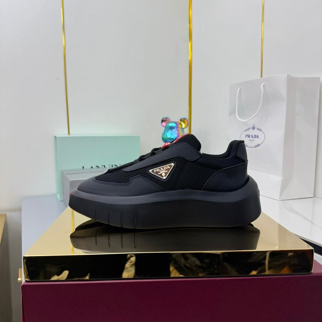 PRADA 25S CROSS LACED SNEAKERS IN BLACK CALFSKIN、mysite、Cacoeks