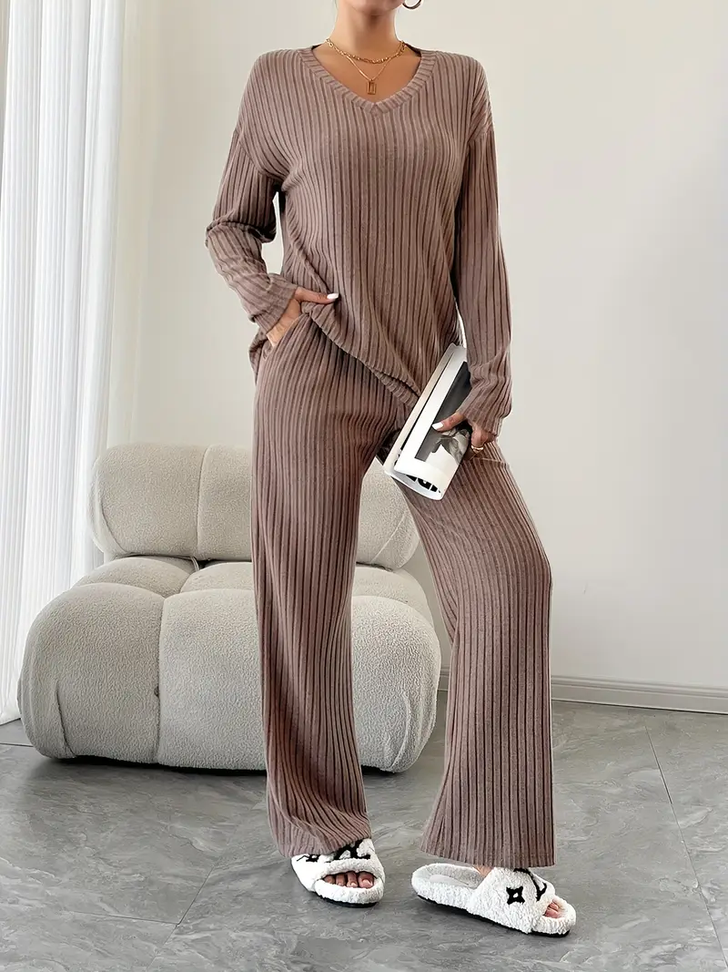 ribbed solid color knitted pantsuits casual drop shoulder long sleeve v neck top straight leg pants outfits womens clothing Product details 3