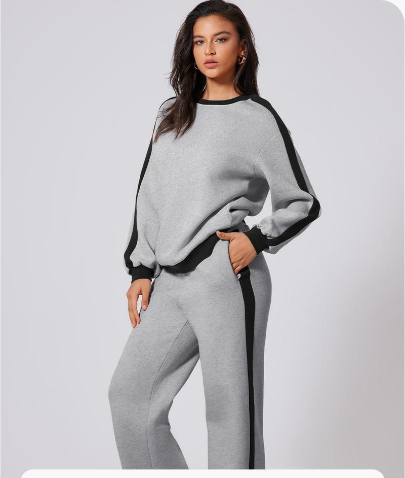 Aleumdr Women's 2 Piece Outfit Fleece Sweatsuit Casual Lounge Matching Sets Crewneck Loose Fit Cozy Sweatshirt & Straight Leg Sweatpants Womenswear Outdoorfun Clothes Chic