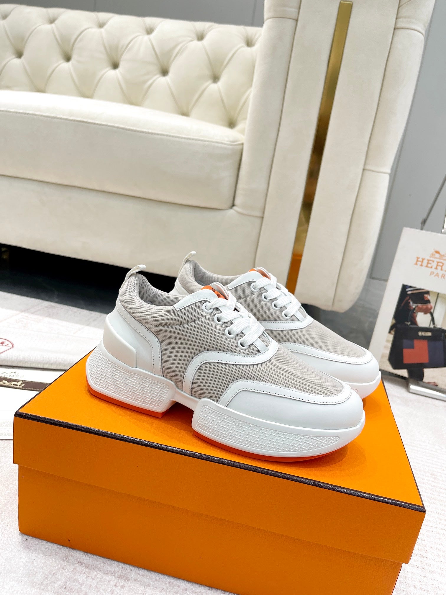 GIGA SNEAKER IN HARBOR GRAY STITCHED MESH AND WHITE CALFSKIN、mysite、Cacoeks