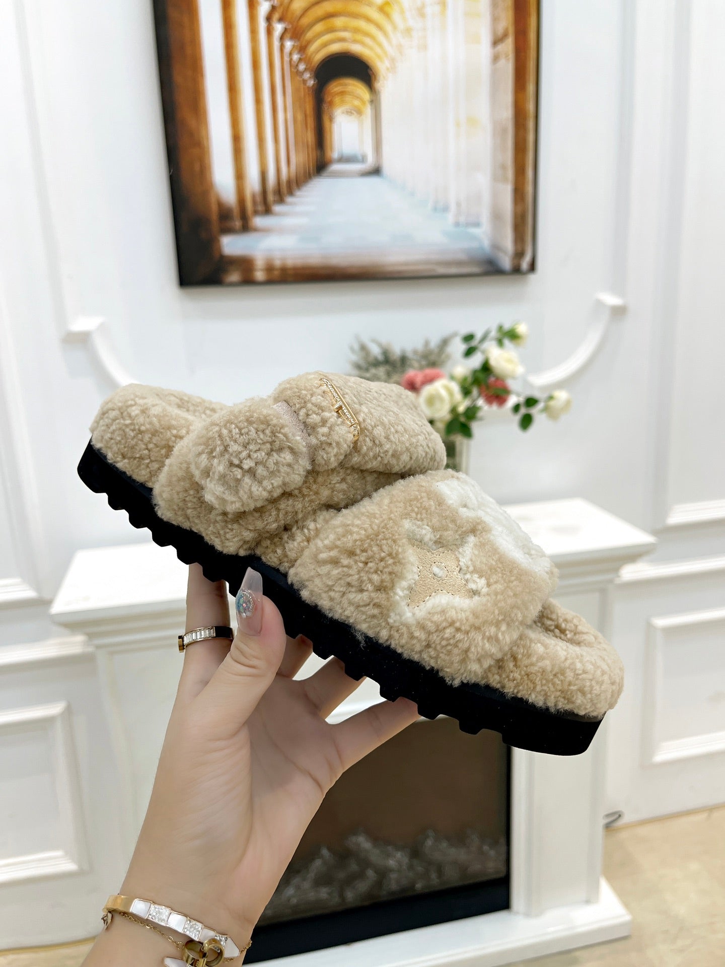 DAD SANDAL MULE IN WHEAT TAN MIX WHITE FLEECE、mysite、Cacoeks