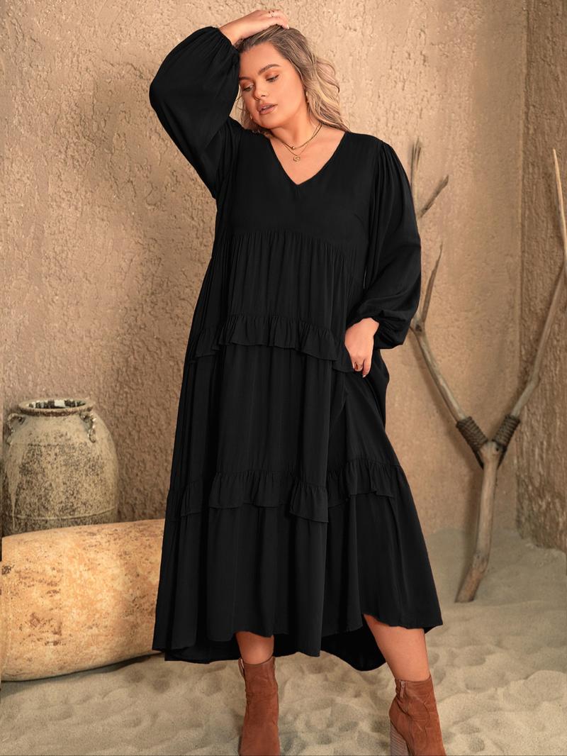 Plus Size Plain Lantern Sleeve Tiered Ruffle Trim Smock Dress, Elegant V Neck Long Sleeve Dress for Vacation Party Wedding Guest, Women's Clothes for All Seasons
