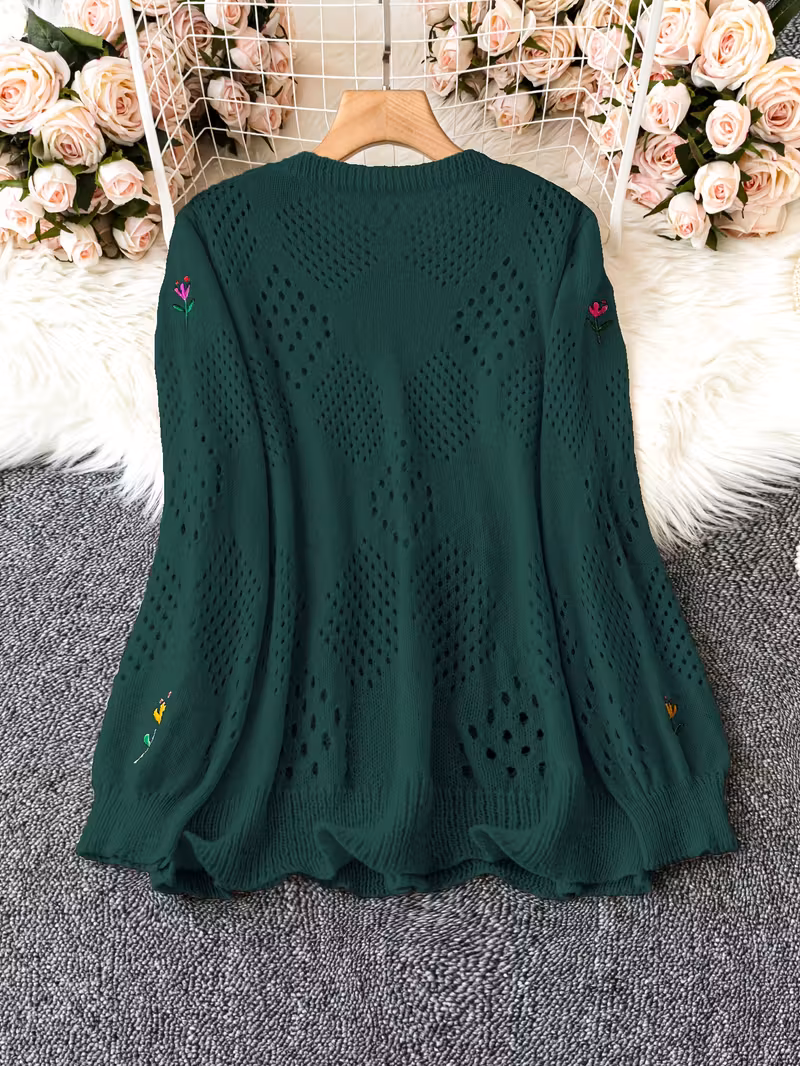 plus size floral embroidery sweater casual cut out long sleeve crew neck sweater for spring womens plus size clothing Product details 11